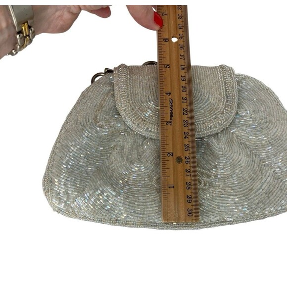 50's 60's  Vintage DeLill Beaded Evening Bag Iridescent White Purse Metal Strap - Picture 15 of 16